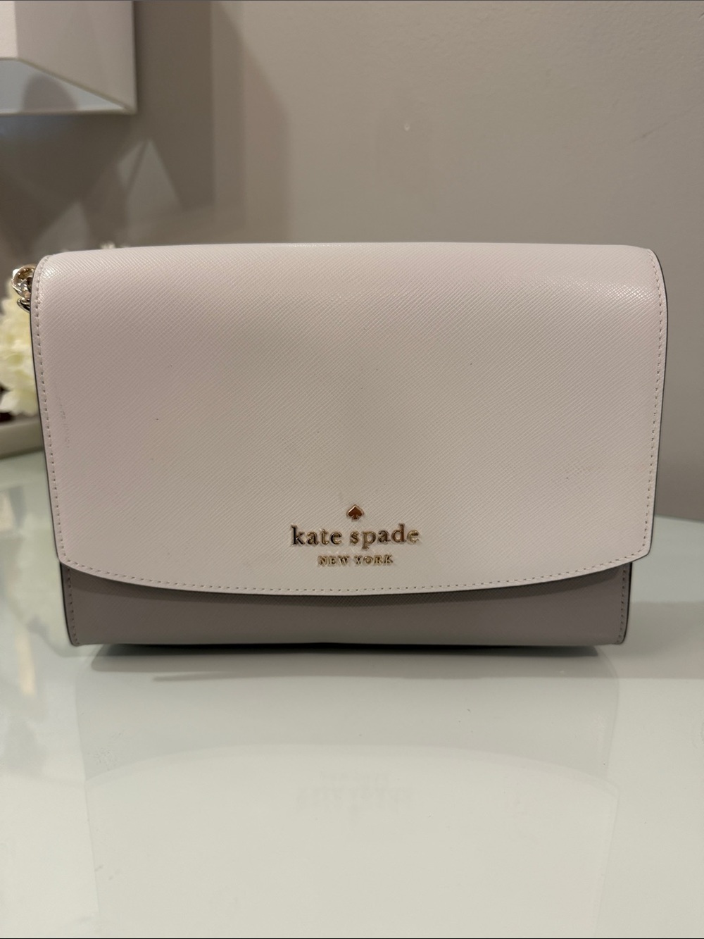 kate spade Two-Tone Pale White and Light Gray Crossbody with Gold Logo